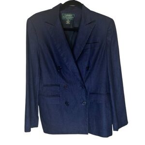Lauren Ralph Lauren navy linen double breasted Preppy nautical blazer. 4 petite